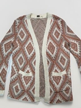 EUC Roxy Women's Open Cream Black Orange Geometric Knit Pocketed Cardigan Medium